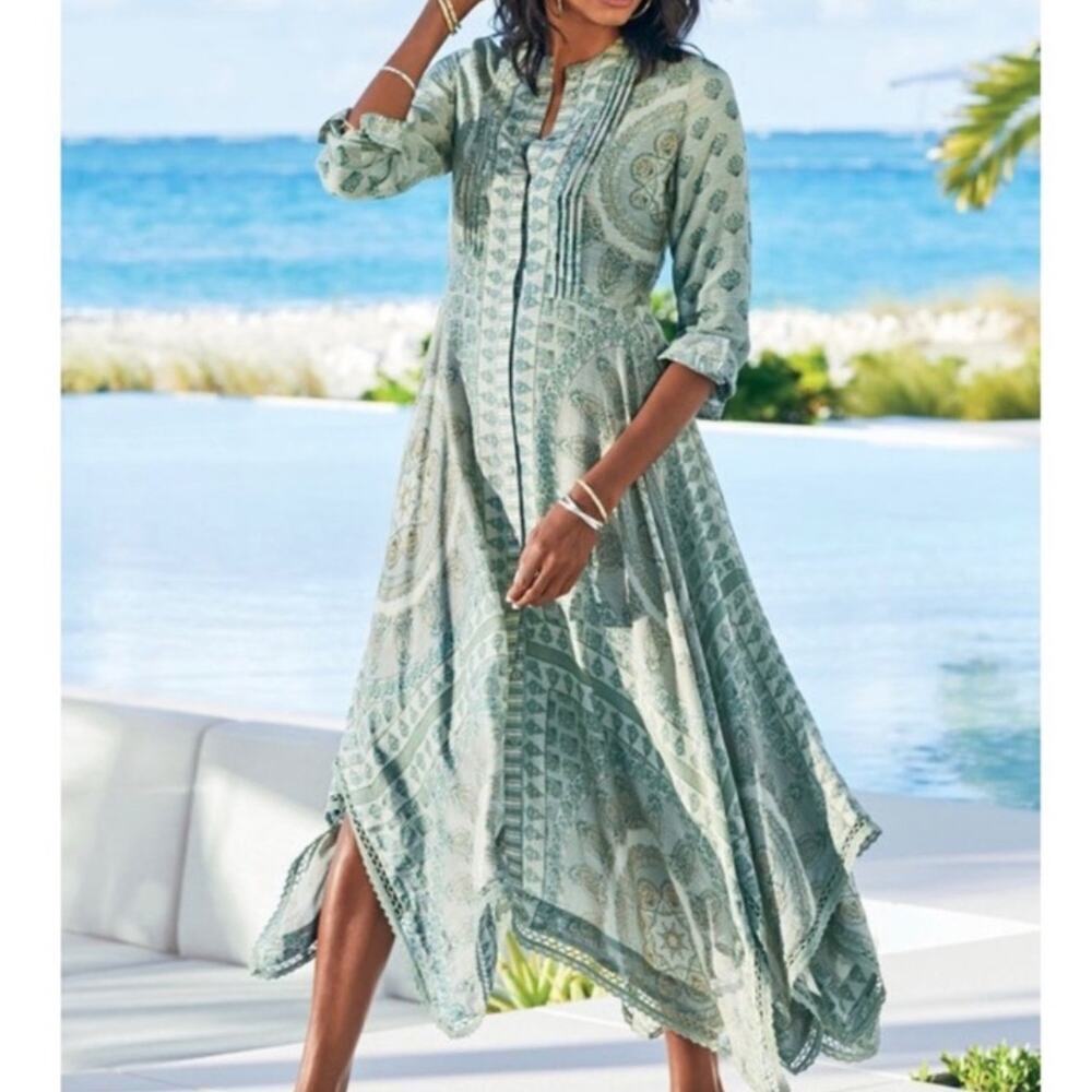 Soft Surroundings Jardin Majorelle Green Sage Maxi Dress Size Small handkerchief